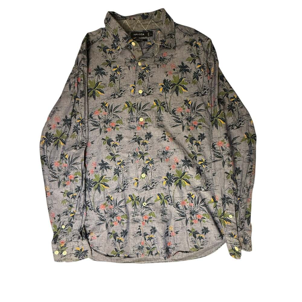 Nautica Classic Fit Tropical Palm Tree Print Long Sleeve Button Down Shirt Size